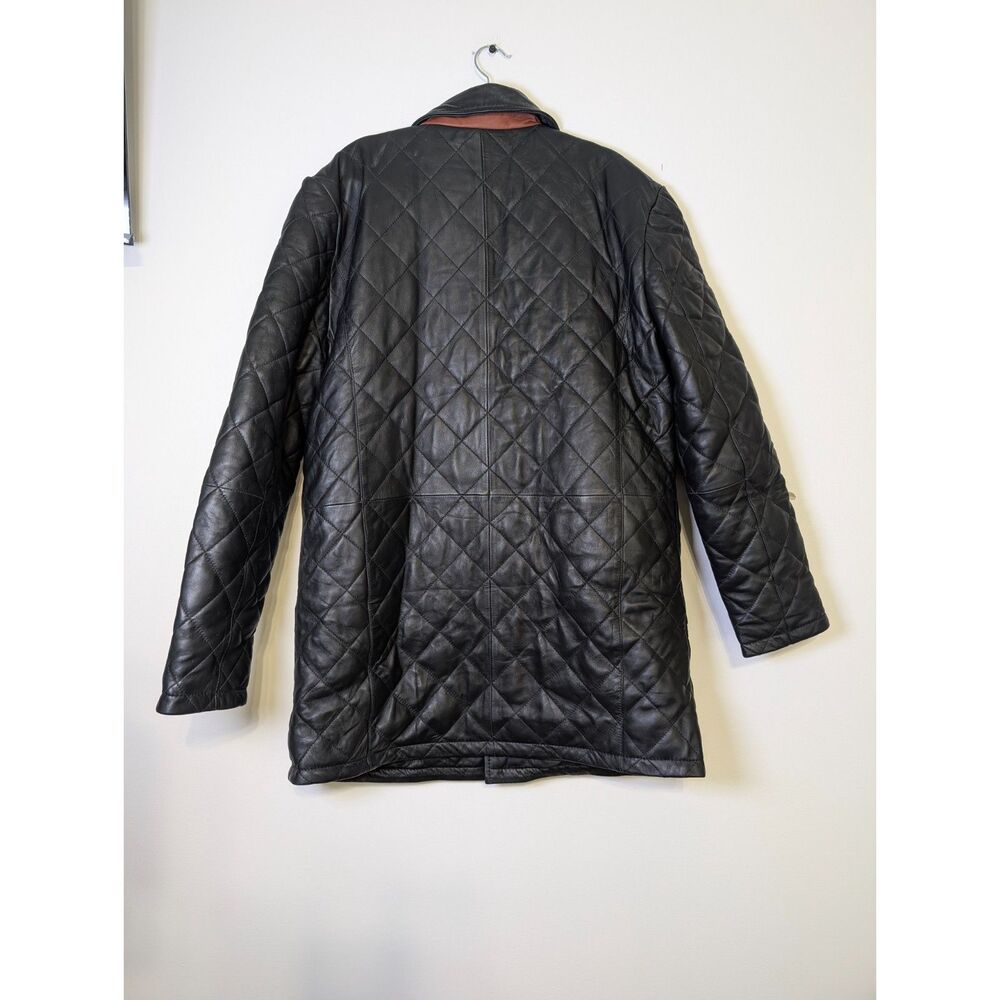 Men’s Quilted Leather Car Coat Black Brown Trim Luxe Minimalist L Heritage NWT - Picture 3 of 12
